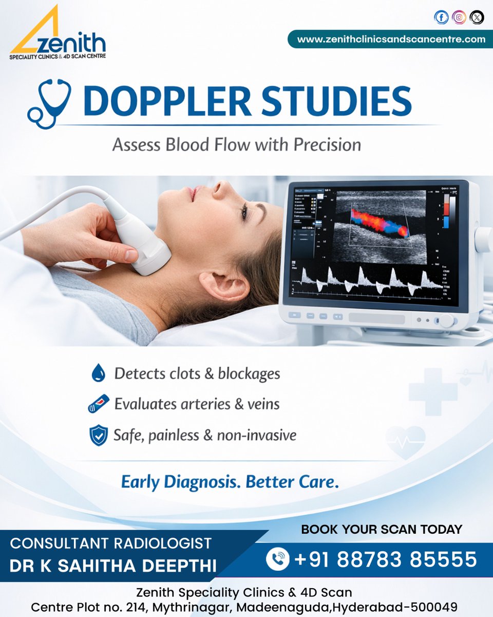 Zenith_Clinics's tweet image. Doppler studies help assess blood flow detect clots and evaluate arteries and veins with safe non invasive imaging #Doppler #VascularHealth #BloodFlow #DiagnosticCare #EarlyDetection book today 

#Zenithclinics #Madeenaguda #Deepthikhambhampati #ZenithSpecialityClinicsMadinaguda