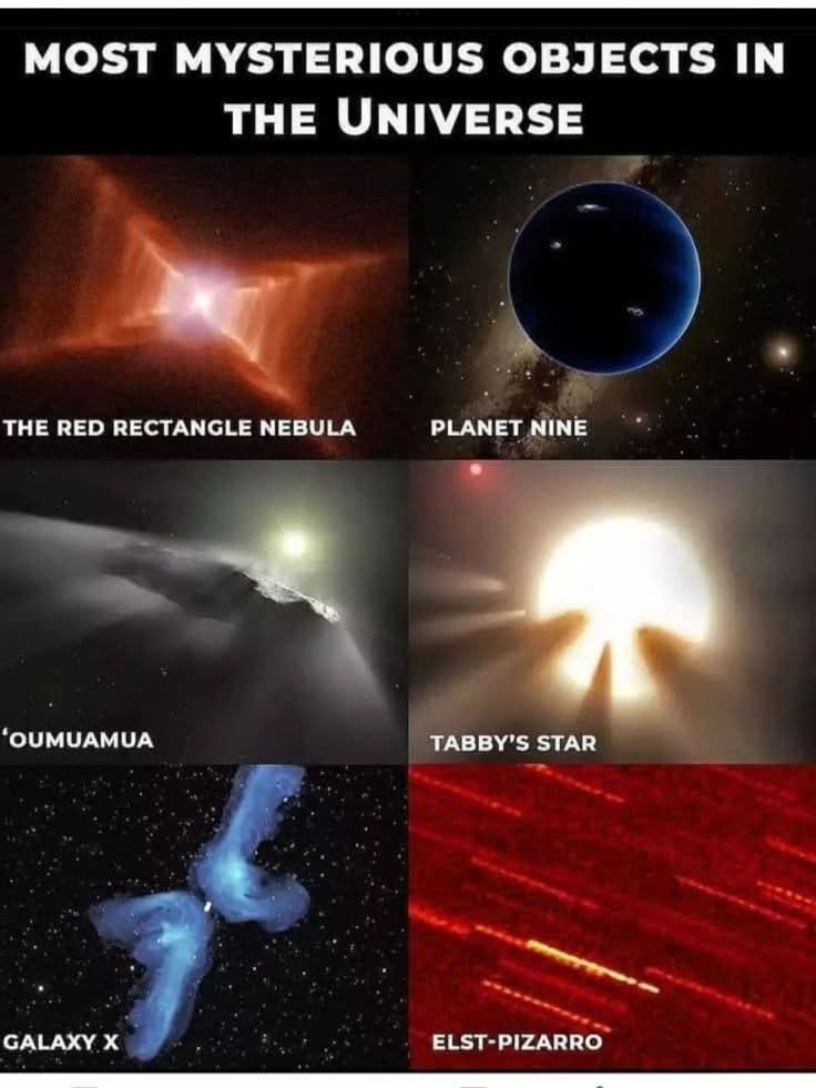 :This image showcases a gallery of the universe's most baffling cosmic enigmas—objects that continue to puzzle astronomers and spark the imagination.The Red Rectangle Nebula: Tucked away in the constellation Monoceros, about 2,300 light-years from Earth, this protoplanetary