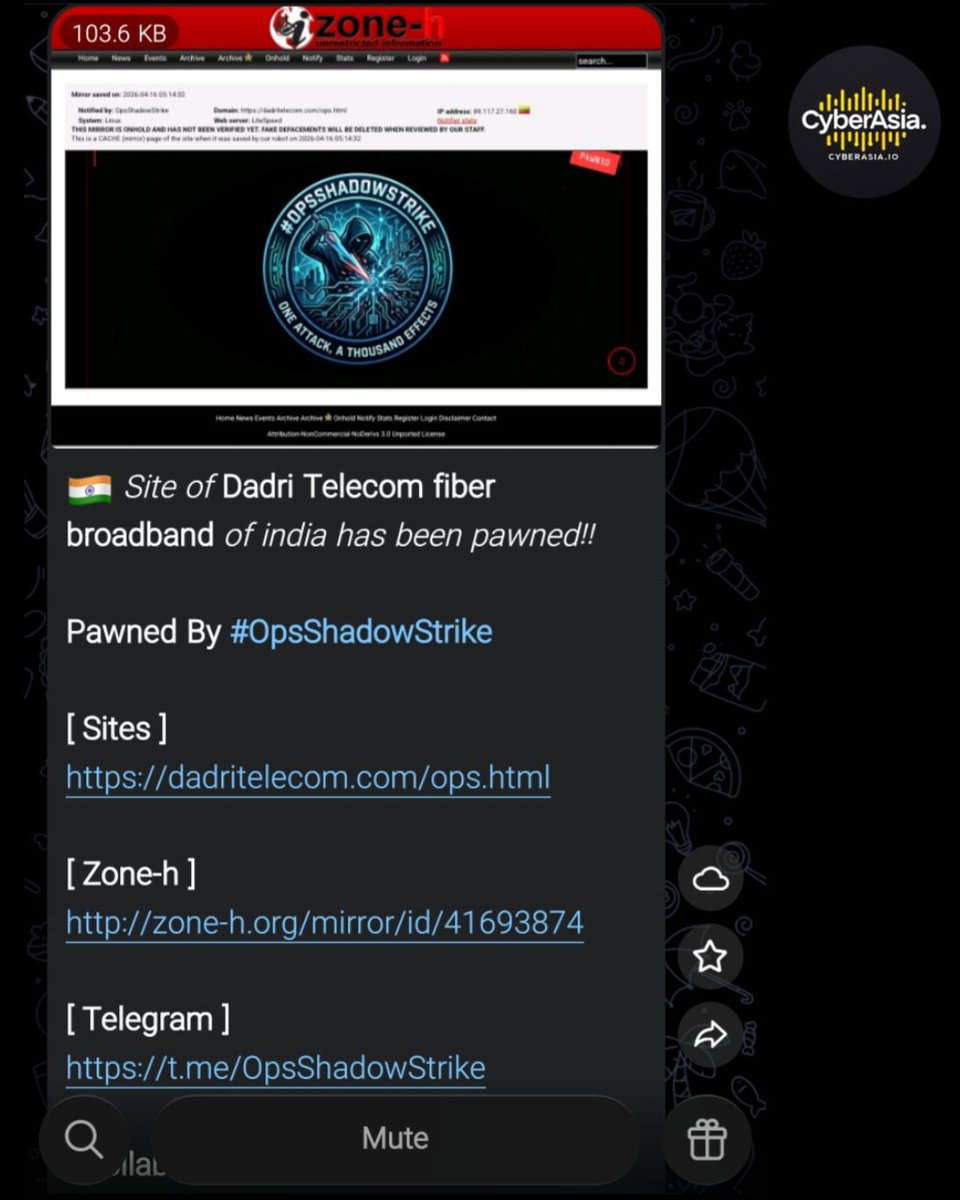 cyberasia_io's tweet photo. 🚨 India Alert 🇮🇳
The hacker group known as #OpsShadowStrike has claimed responsibility for a successful cyberattack on the Indian broadband provider Dadri Telecom Fiber https://t.co/cM6yaGtNNV
#CyberSecurity #DadriTelecom #WebDefacement #CyberAttack #India https://t.co/z9gD2KM5F5