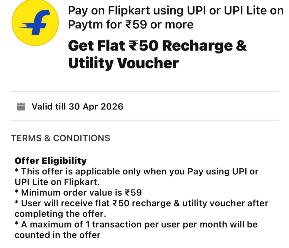 Mysterydealz's tweet image. Flipkart X Paytm : Get Rs.50 Recharge Voucher.

Link : fkrt.cc/hFpT1Dv

Make Cart Value Min. Rs.99 On Flipkart &amp;amp; Pay Using Paytm UPI 

Get Rs.50 Recharge Voucher In Paytm App By 1st May. 

#Amazon #Flipkart