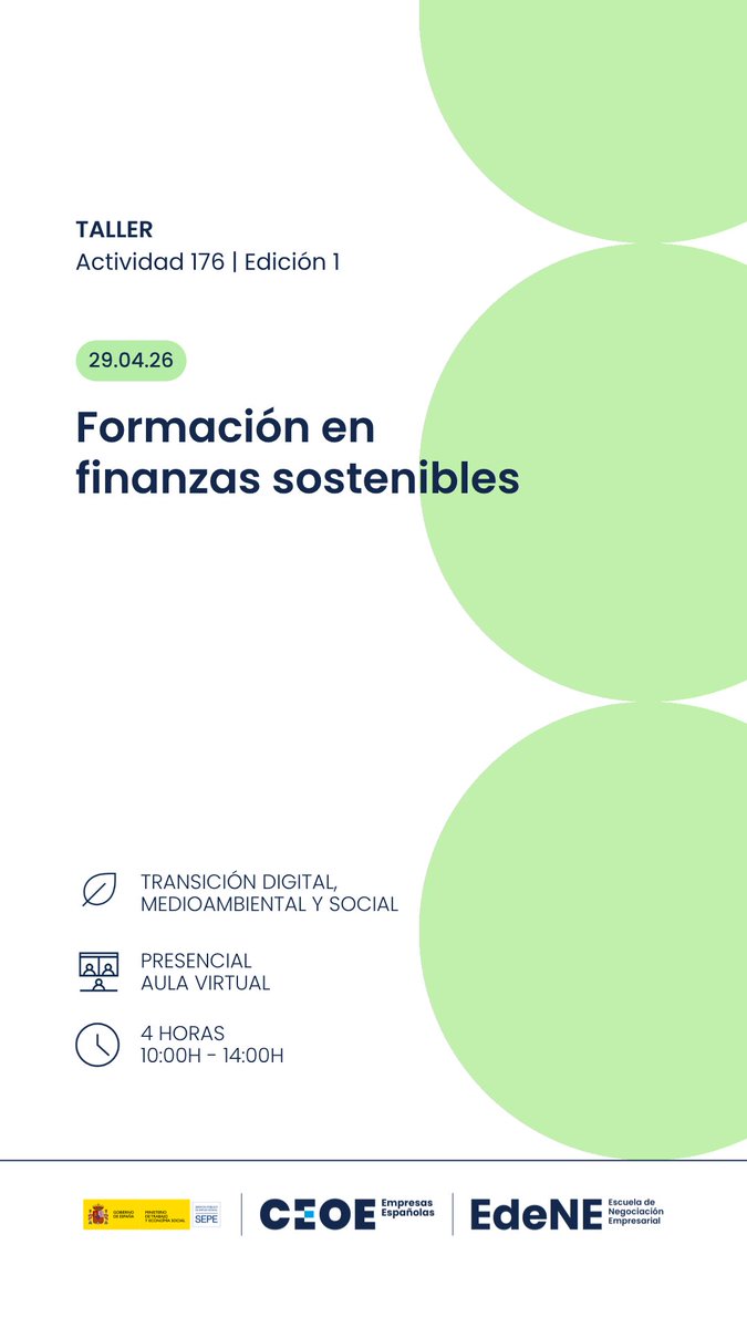finresp's tweet photo. ¡Tenemos taller de finanzas sostenibles!

📅 Fecha: 29 de abril
 🕙 Horario: de 10:00 a 14:00 h
 ⏱️ Duración: 4 horas
 📍 Modalidad: presencial (sede CEOE) y online (streaming)

👉 Inscripción obligatoria a través de la plataforma EDENE de @CEOE_ES : https://t.co/MNJnZu8Oxu https://t.co/V76EfKwBAj
