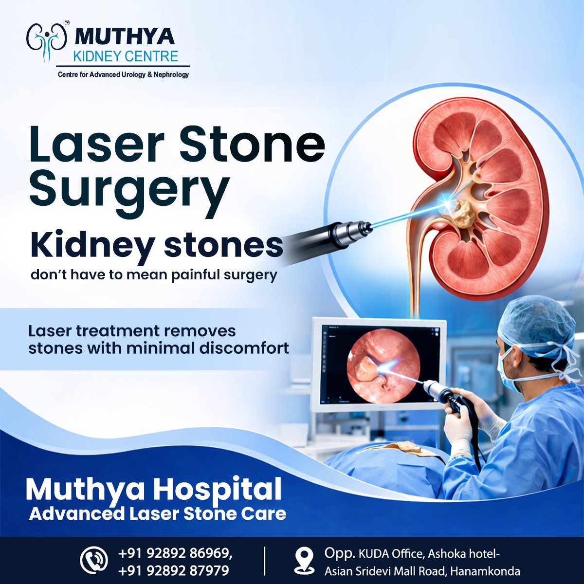 CenterMuthya's tweet photo. Laser stone surgery helps remove kidney stones safely with minimal pain.
Advanced technology ensures faster recovery and effective results.
Get expert care and return to a pain-free life at Muthya Kidney Centre.
#LaserStoneSurgery #KidneyStones #UrologyCare #PainFreeTreatment https://t.co/twS5O3vcn3