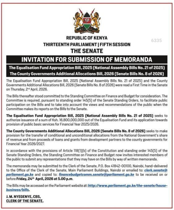 ndaragwa1's tweet photo. 🇰🇪 The Senate is calling on YOU to speak up on how The Equalisation Fund will be shared/ used across counties.
🔴 Submit your views:
📧 clerk.senate@parliament.go.ke /
financebudgetcomm.senate@parliament.go.ke 
🔴 Deadline: 24th April, 5PM.

📄 The Bill@ https://t.co/LxbGRhd0I9 https://t.co/qDd6aqbTpL
