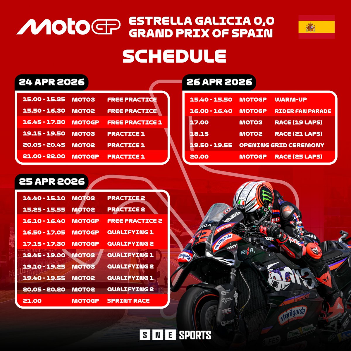 SNE_Sports's tweet image. Schedule of ESTRELLA GALICIA 0,0 Grand Prix of Spain 2026 at Circuito de Jerez - Ángel Nieto

#MotoGP #SpanishGP
#SNESports