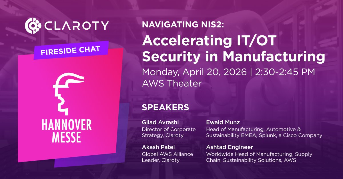 Claroty's tweet image. Looking forward to presenting at the @AWS for Manufacturing Partner Theater during #HANNOVERMESSE 2026!

Stop by and discover what's next for the #manufacturing!

📅 Monday, April 20th | 2:30pm – 2:45pm
📍 AWS Partner Theater @ AWS Booth D76, Hall 15
ℹ️ hubs.li/Q04chY8q0