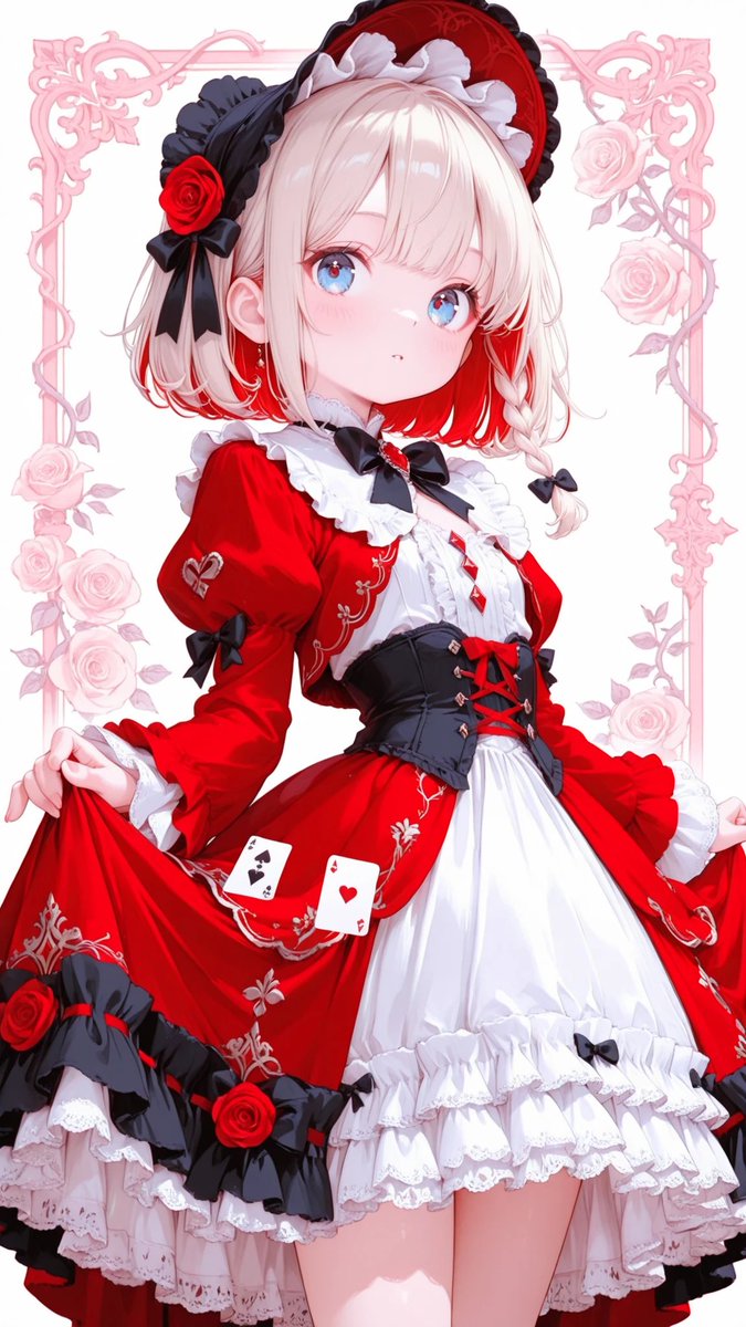 AliceLavli's tweet photo. 赤と白のゴスロリ衣装✨
gothic lolita dress, red black and white color scheme, highly detailed, frilled blouse with high ruffled collar, layered white lace chest panel, corset style bodice with front lacing in red, vertical structured seams, puff sleeves with alternating red and black panels, ribbon bows and rose decorations on sleeves and chest, large waist ribbon with layered skirt, voluminous skirt with red overskirt drapes and black inner layers, white underskirt with lace trim, playing card motif on skirt including red diamond shapes and small black bow accents, rose ornaments integrated throughout outfit, elegant aristocratic design, intricate lace details, rich fabric folds, fantasy royal aesthetic