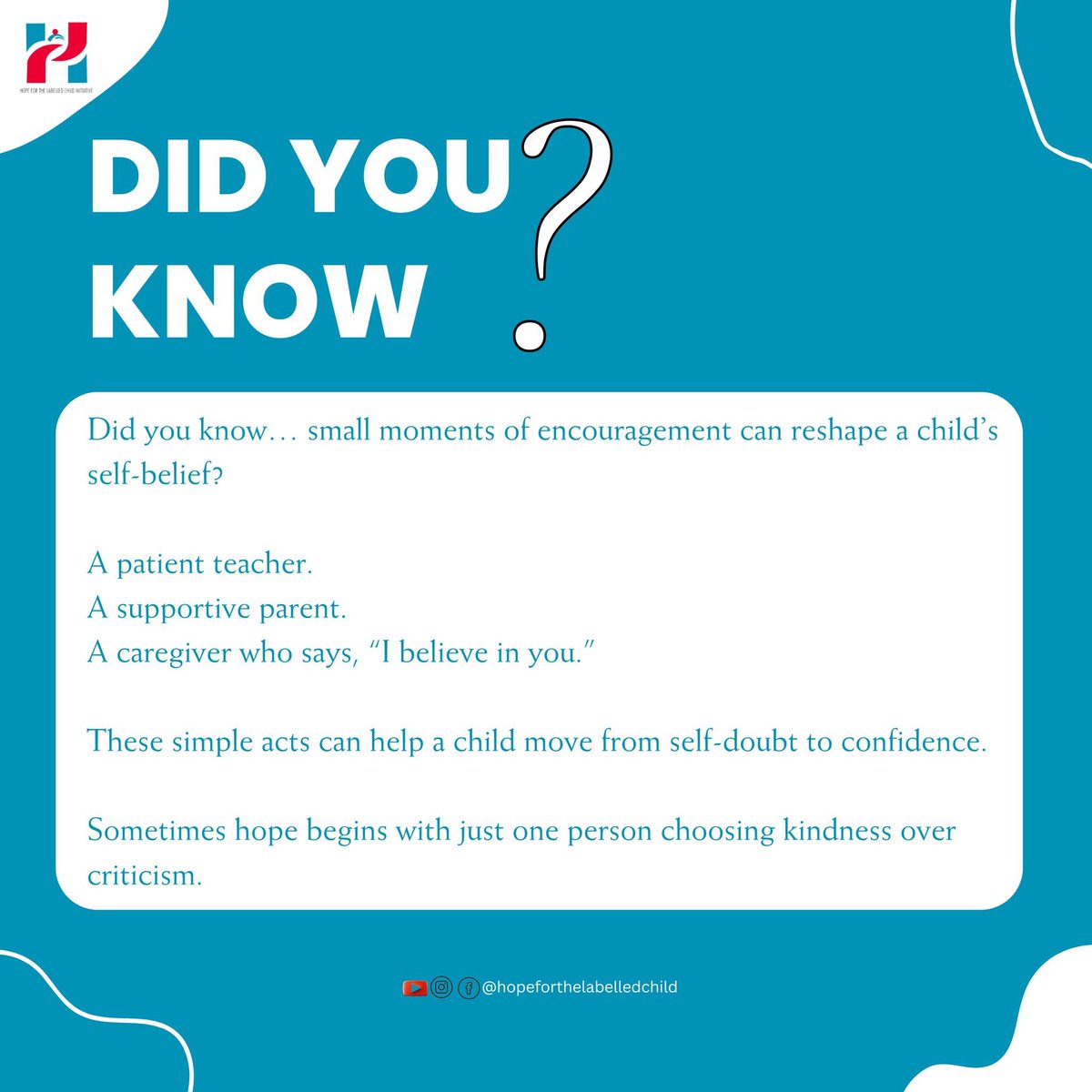 hlcinitiative's tweet photo. Hope for the Labelled Child Initiative promotes replacing negative labels like "stubborn" or "difficult" with understanding, patience, and support. These labels can harm a child's confidence and behavior, but many children are simply trying to express their emotions. https://t.co/DIyqzzrXPX