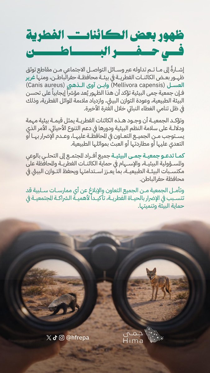 HFREPA's tweet photo. بشأن ظهور بعض الكائنات الفطرية في حفرالباطن ،

تدعو جمعية حِمى البيئية جميع أفراد المجتمع إلى التحلي بالوعي والمسؤولية البيئية، والإسهام في حماية الكائنات الفطرية والمحافظة على مكتسبات البيئة الطبيعية، بما يعزز استدامتها ويحفظ التوازن البيئي في محافظة حفرالباطن.
@AlfadleyA https://t.co/gaja0boibB