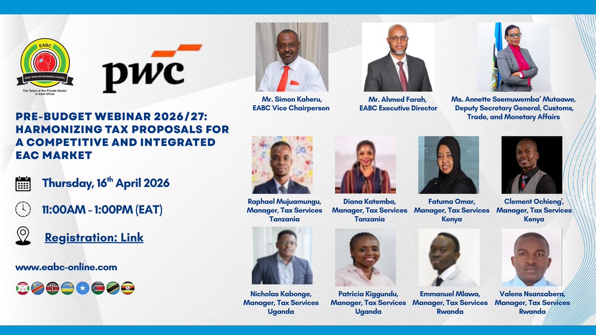 EABCjumuiya's tweet photo. 📣 Reminder! Join the EAC Pre-Budget Webinar 2026/27 by EABC &amp; PwC

🗓 16 April 2026
🔗 https://t.co/sg6NK17iye

Gain insights on tax proposals across EAC &amp; their impact on businesses. Don’t miss out!

#EABC #EAC #TaxPolicy #PreBudgetWebinar https://t.co/Z9WroelhGv
