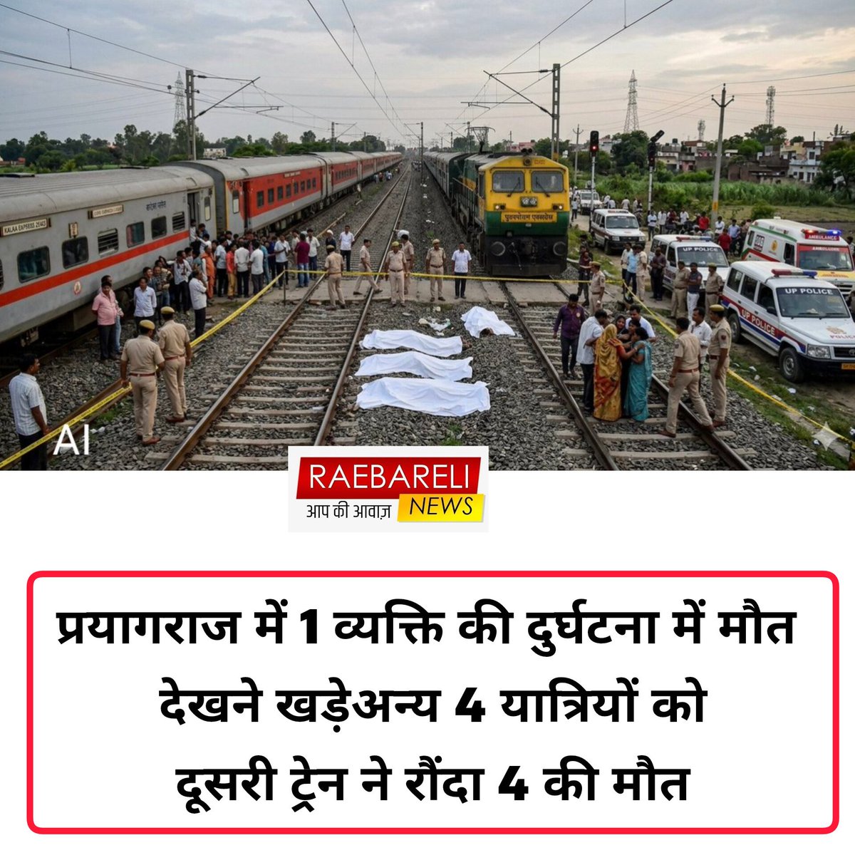 प्रयागराज में कालका एक्सप्रेस की चपेट में आने से एक व्यक्ति की मौत हो गयी. ट्रेन रूक गयी तो ट्रेन के यात्री रेलवे ट्रेक पर मामला देखने उतर आये. सामने तेज रफ्तार से आ रही पुरूषोत्तम एक्सप्रेस से बच नही पाये. पुरूषोत्तम एक्सप्रेस से कटकर 4 यात्रियों की मौत हुई है. 

ये यात्री