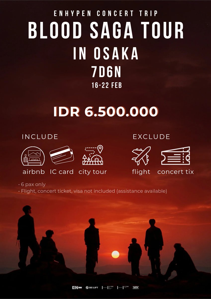 ENHYPEN CONCERT TRIP
BLOOD SAGA IN JAPAN

• dp 1.5jt, bisa cicilan sampai H-30
• itinerary santai (no rushing)
• include airbnb dan ic card
• flight, visa, tiket konser, slot pop up dan cafe, bisa dibantu
• berangkat kalo min 4 slot terisi