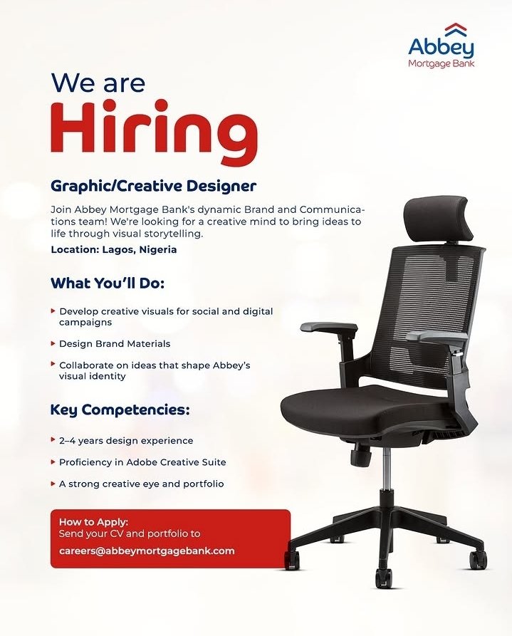 tohire_ng's tweet image. Abbey Mortgage Bank is hiring!

Graphic/Creative Designer 

Location: Victoria Island, Lagos 

Check full details in the attached flyer 

#graphicdesigner #graphicdesign #BankingJobs #lagosnigeria