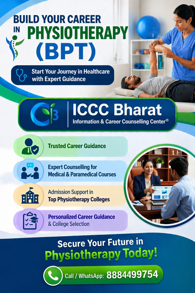 Physioadm's tweet image. BPT Admissions 2026 
Get expert guidance with ICCC Bharat
 Top Colleges
 Career Counselling
 Admission Support
📞 8884499754
#BPT2026 #Physiotherapy #MedicalCareer #HealthcareCareer #StudyInIndia #FutureDoctor #AlliedHealth #AdmissionOpen #ICCCBharat #CareerGuidance #StudentsLife