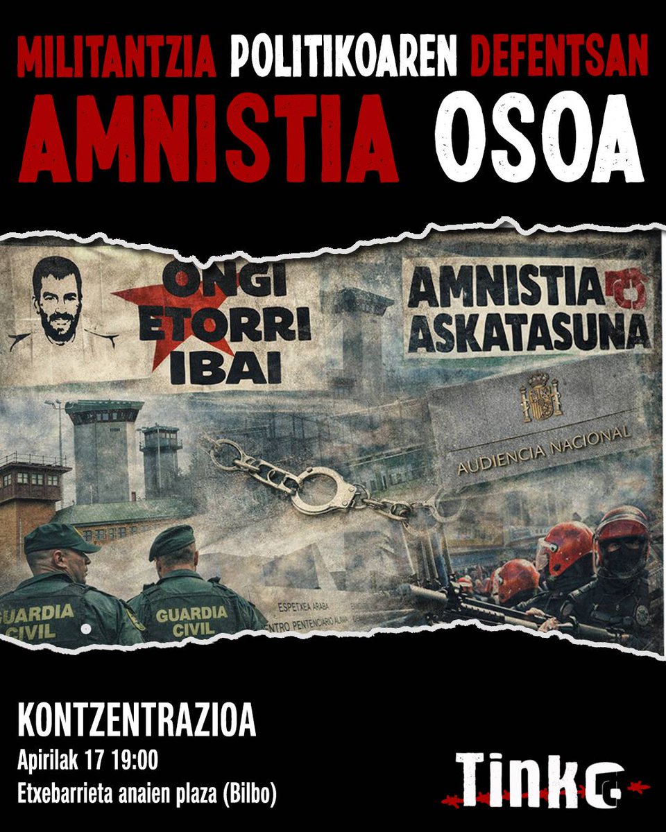 Bihar, Preso Politikoen Nazioarteko Egunean, "Militantzia politikoaren defentsan, amnistia osoa!" lelopean, kontzentrazioa deitu dugu.

Bilboko Etxebarrieta Anaien plazan,19:00etatik aurrera.