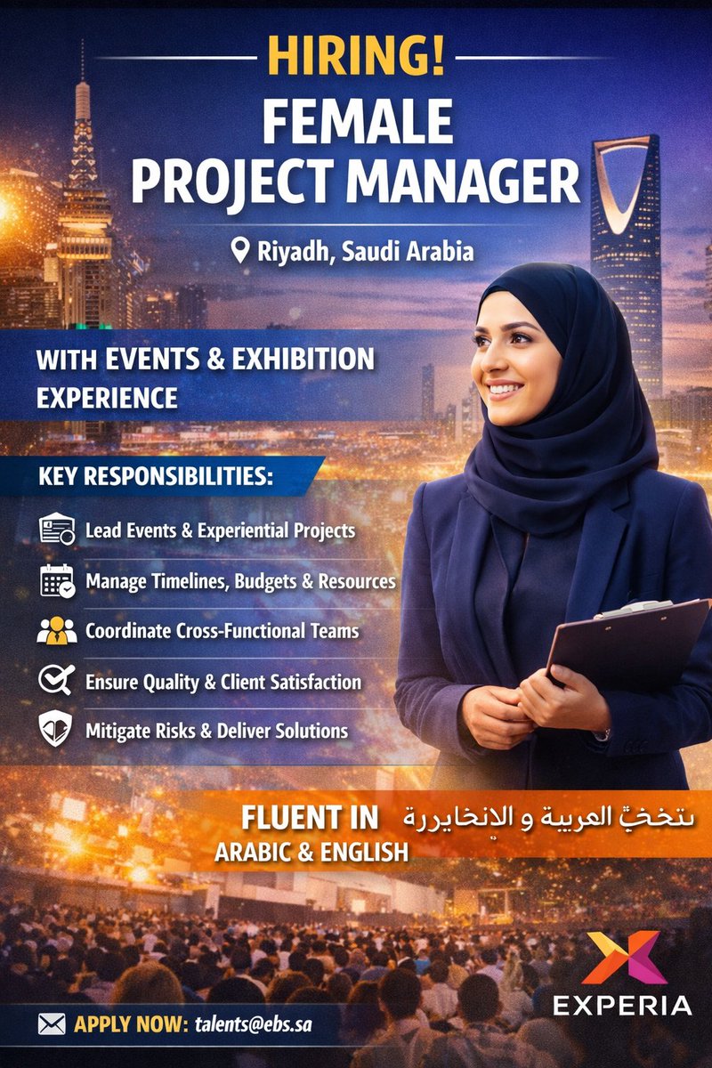 Adonis9511's tweet photo. JOB HIRING: Female Project Manager
w/ Events &amp; exhibitions experience to join our team in Riyadh! Must be fluent in Arabic &amp; English 
📍 Riyadh, Saudi Arabia
📩 Send your CV to: talents@ebs.sa
 #ProjectManagerJobs #EventsManagement #ExhibitionProjects #thesokingpinoy #jobsksa https://t.co/q1fGp2JesU