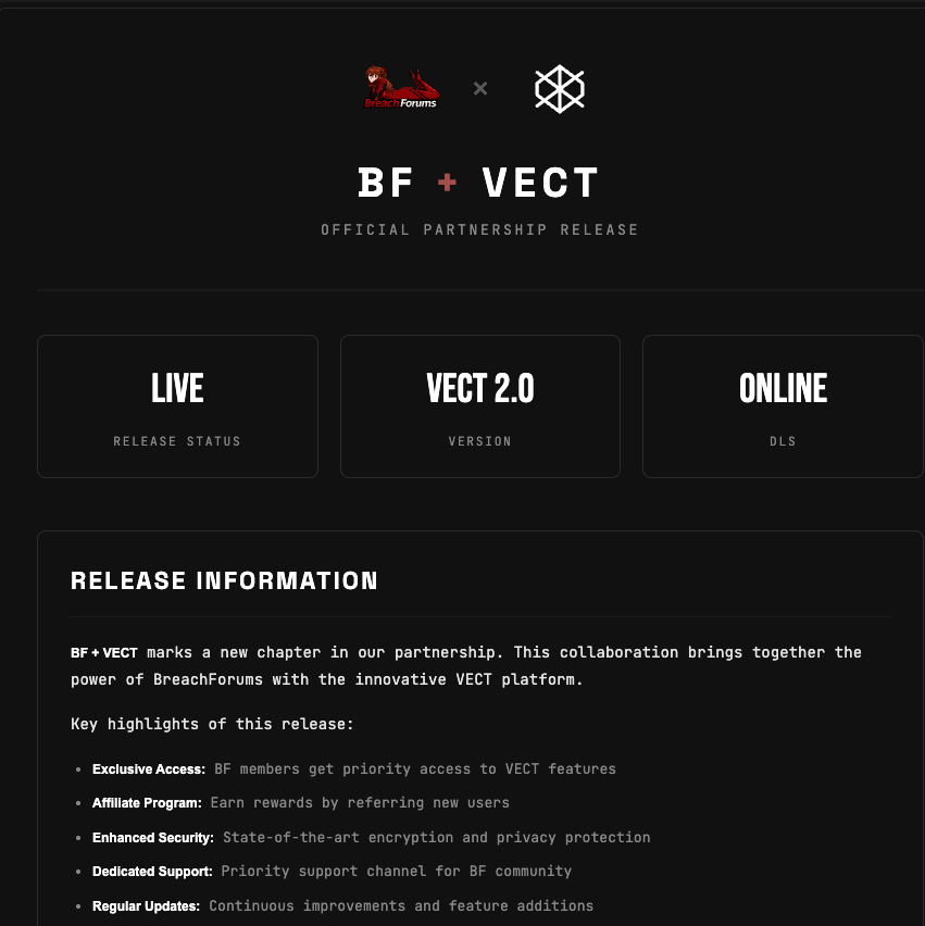 scalerdab's tweet image. Breached says all users will receive Vect affiliate keys within 24 hours via PMs — worth keeping an eye on how this scales.
#darkweb #ransomware #vect #threat