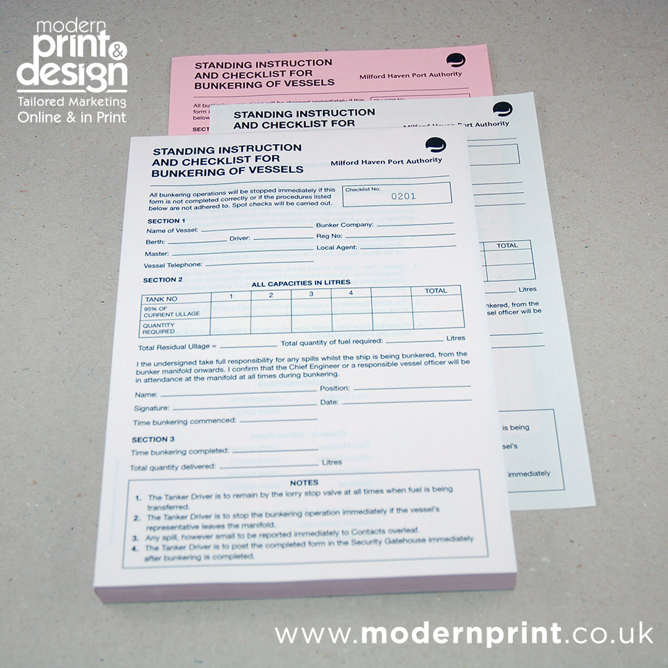 ModernPrintNews's tweet photo. Need Checklist for Bunkering of Vessels forms that look sharp and work perfectly? We can help! Call 01646 682676 today – professional printing in #Pembrokeshire of the #MilfordHavenPortAuthority #MHPA.
Modern Print & Design,
Pembroke Dock.
Web | Print | Design https://t.co/1Vf4XSh7EI