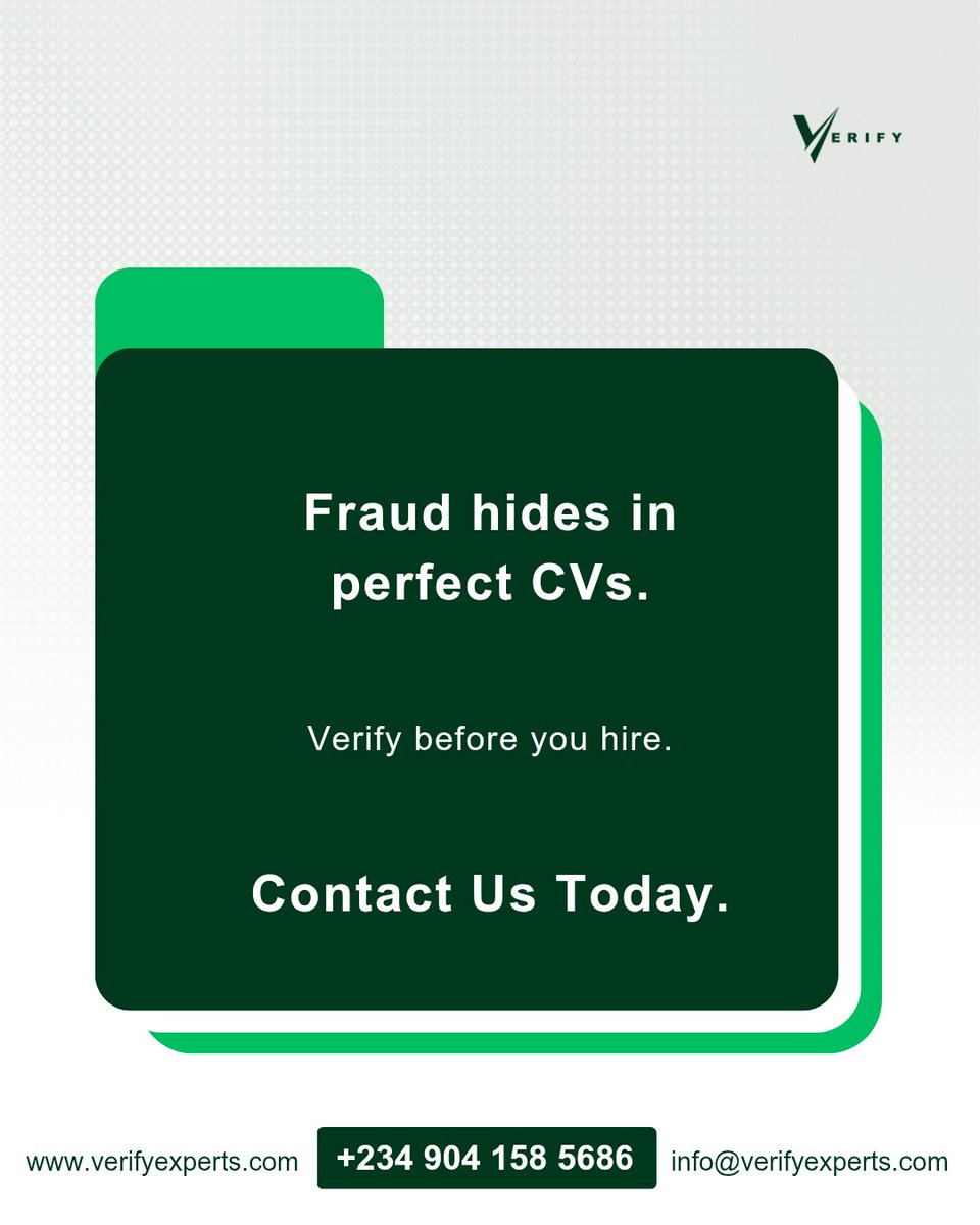 VExpertsNG's tweet image. Fraud rarely looks suspicious at first sight. That’s why verification is not optional, it’s a safeguard.

Verify before you hire.

#VerifyExperts #DueDiligence #BackgroundChecks #RiskManagement #SmartHiring