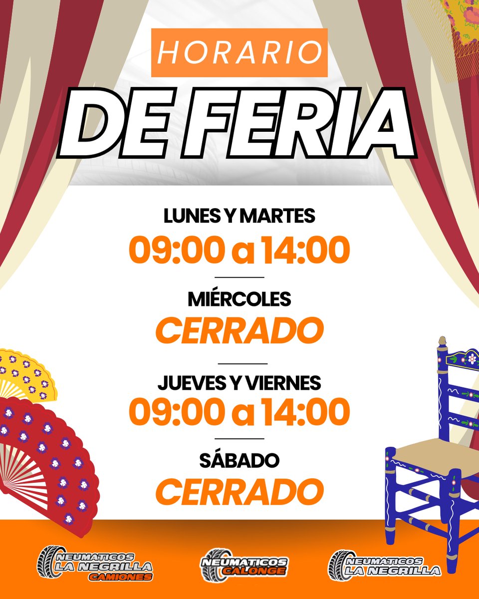 neumaticalonge's tweet photo. ¡NOS VEMOS EN EL REAL, PERO ANTES... EN EL TALLER! 💃🎡

Llega la semana más grande de Sevilla y en Neumáticos Calonge adaptamos nuestro horario para que puedas disfrutar de la Feria sin descuidar tu seguridad.

Toma nota de nuestro horario especial: https://t.co/b6594xChXC