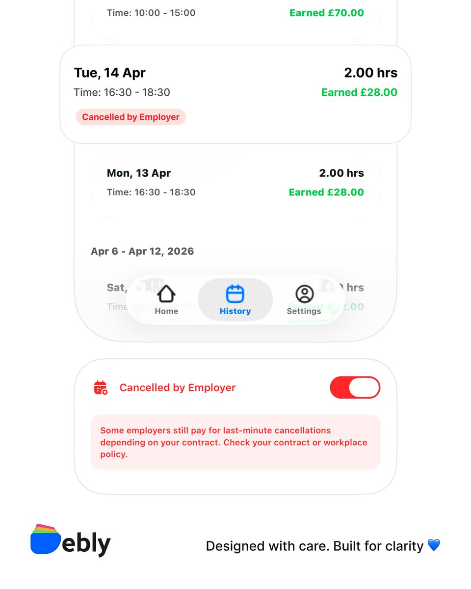 usedebly's tweet photo. A user told us:
“Sometimes my shift gets cancelled last minute… but I still get paid”

Debly wasn’t reflecting that

So we shipped ‘Cancelled by Employer’

Small feature. Real life impact

Designed with care. Built for clarity 💙 https://t.co/Igse9UsFVa