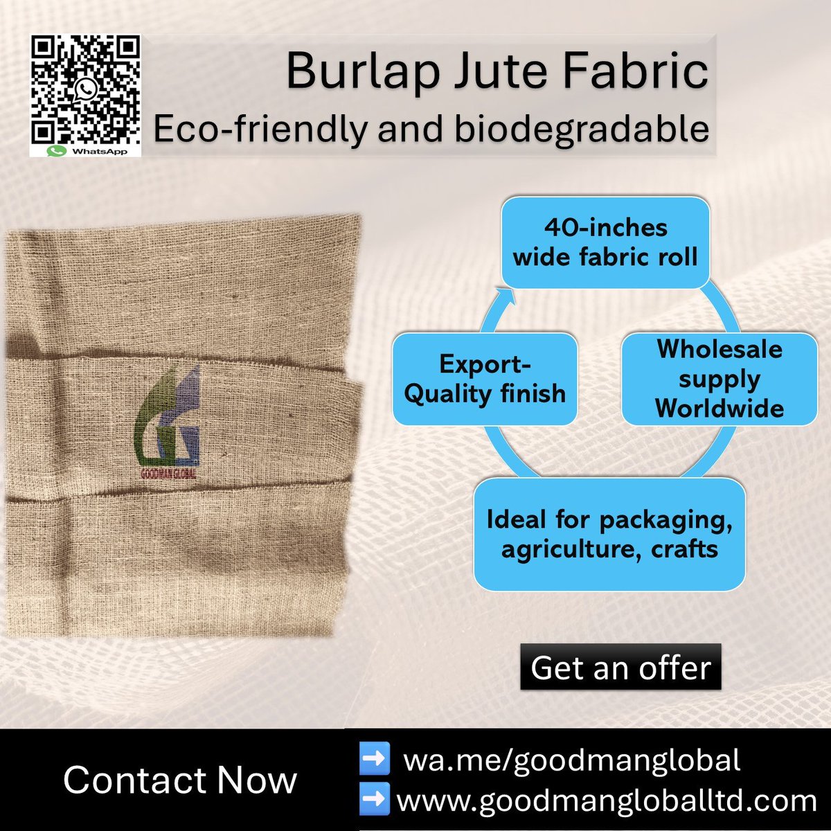 Goodman_Global's tweet image. 40-Inch Wide 9oz Burlap Jute Fabric Roll 

👉 wa.me/goodmanglobal 👉 goodmangloballtd.com 
👉 @Goodman_Global

Perfect for bags, decor, packaging &amp;amp; construction. Reusable, durable &amp;amp; biodegradable—a smart, sustainable choice.

#jutefabric #ecofriendly #sustainable #burlap