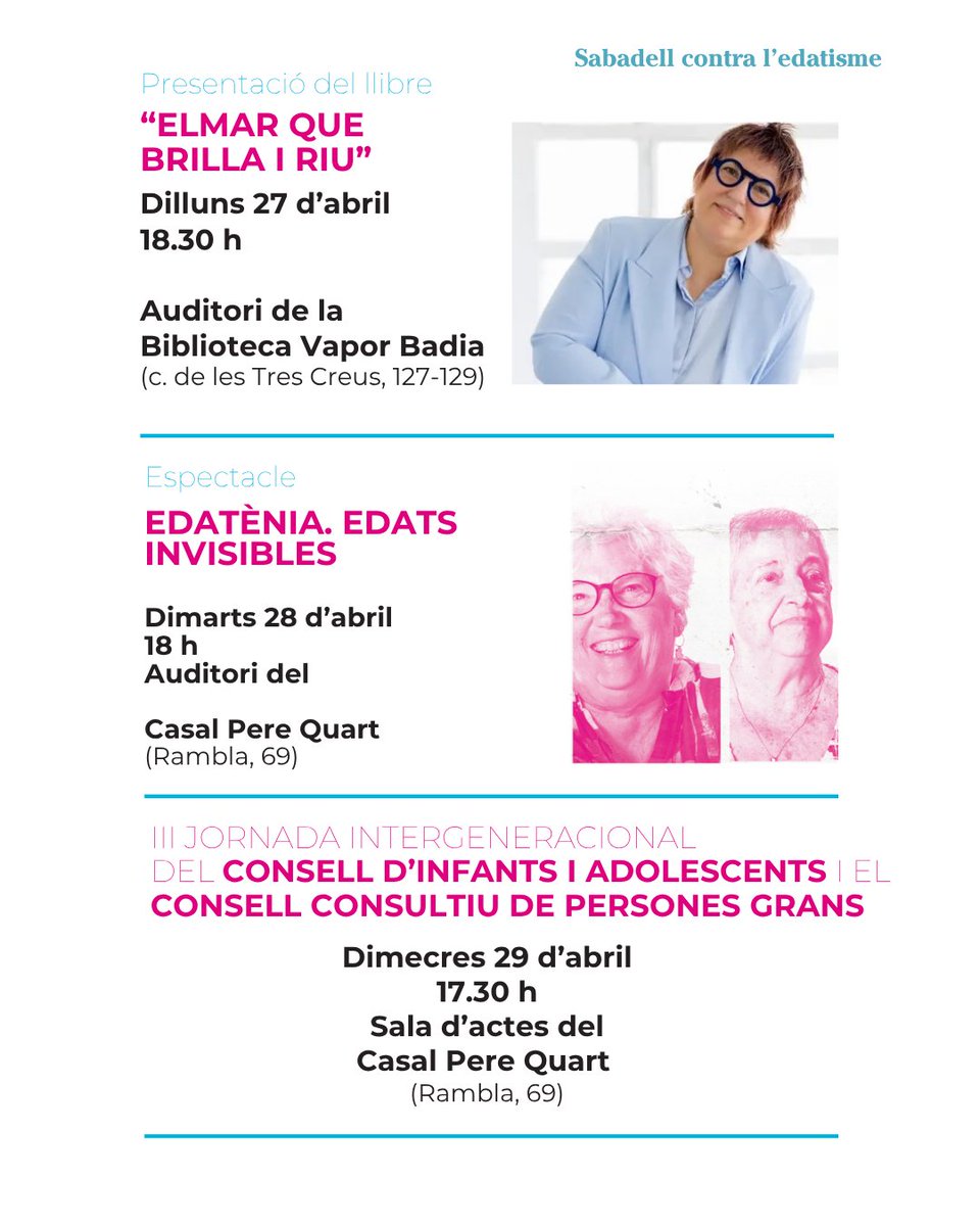 Aj_Sabadell's tweet image. 👵👴 L’edat no ens defineix!

💬✨Sabadell impulsa activitats per reflexionar, compartir i combatre l’edatisme 

📆 Del 16 al 30 d’abril, suma-t’hi!

#Sabadell #GentGran #Edatisme #Inclusió #SabadellCiutatAmiga