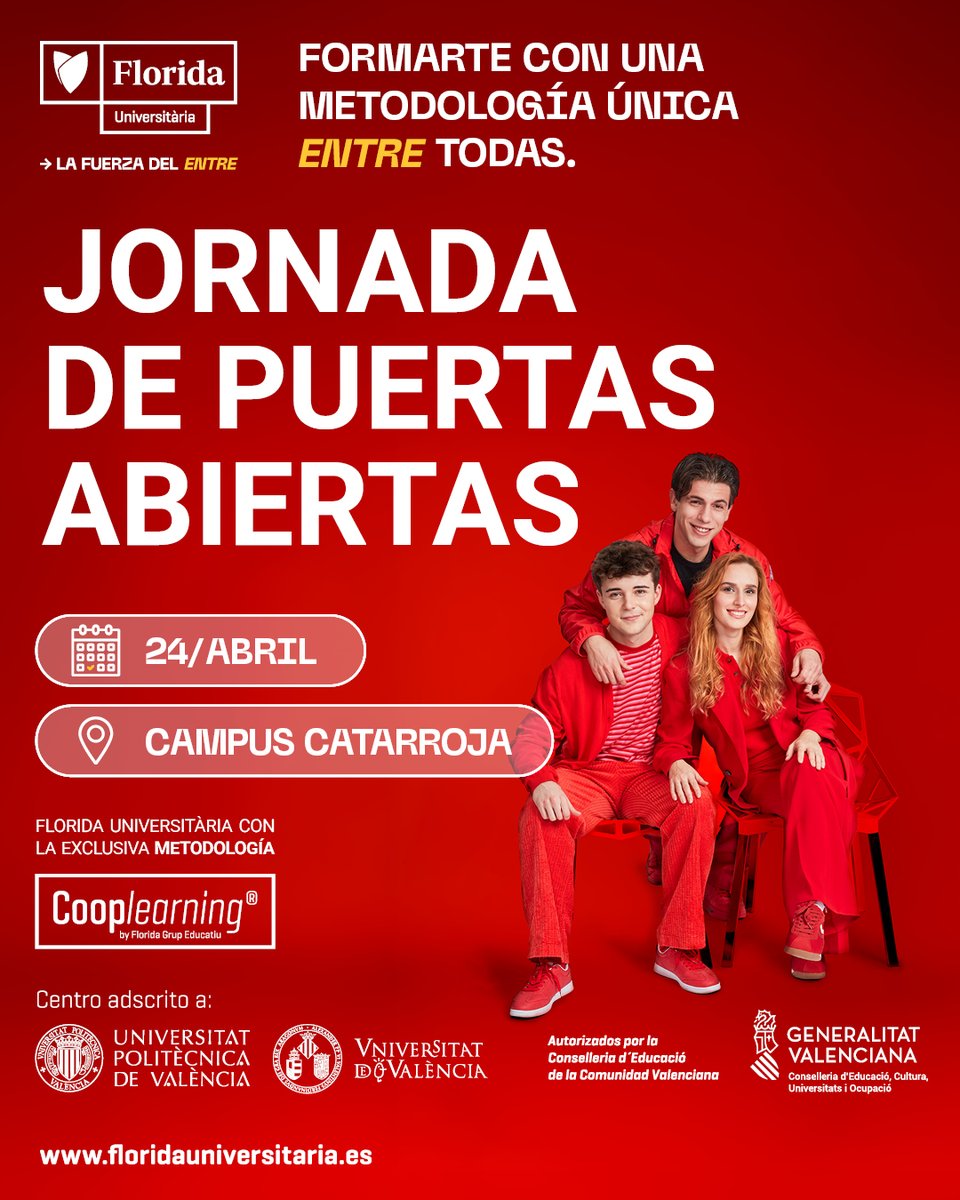 Últimos días para inscribirte en nuestra 𝗝𝗼𝗿𝗻𝗮𝗱𝗮 𝗱𝗲 𝗣𝘂𝗲𝗿𝘁𝗮𝘀 𝗔𝗯𝗶𝗲𝗿𝘁𝗮𝘀 ⏳ 

📅 24 abril
🕓 a partir de 16:00h
📍 Campus Catarroja

Inscríbete ya 📲 floridauniversitaria.es/jpas-florida-u…