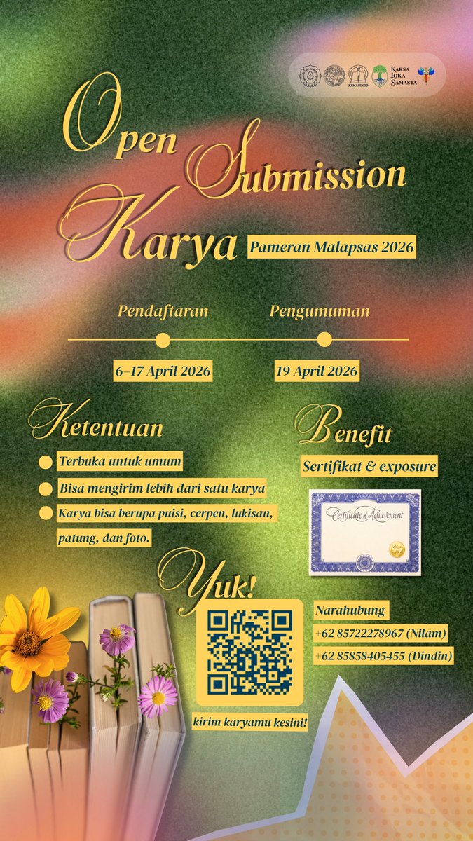 IKSIUI's tweet photo. [MIDIA IKSI X MALAPSAS 2026] 

Kalian mau malam mingguan tapi pengen kegiatan yang beda? 👀
Sini merapat ke Malapsas 2026!
Ada penampilan seru seputar karya sastra dengan keseruan yang nggak bakal kamu dapetin tiap hari, loh 🤩

📍 SMKN 8 Surakarta
🗓 Sabtu, 25 April 2026 https://t.co/wSlmbX6jMX