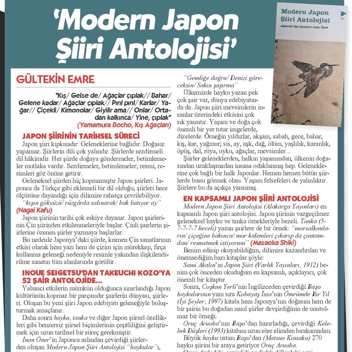 inanoner's tweet photo. Japon şiirinden derleyerek çevirdiğim şiirlerden oluşan“Modern Japon Şiiri Antolojisi”, Cumhuriyet Kitap ekinin bugünkü sayısında değerli şair, yazar ve çevirmen Gültekin Emre tarafından ele alındı. Teşekkürler @CumKitap @alakargakitap @daidolifefd https://t.co/1YdR38oLKq