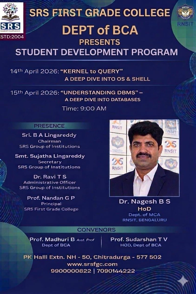 rnsitmca8421's tweet image. ✨ From Kernel to Query—powering future tech minds!
Student Development Program @ SRS FGC 🎓
Sessions on OS, Shell &amp;amp; DBMS by Dr. Nagesh B S (HoD, MCA, RNSIT) 💻📊
#StudentDevelopment #DBMS #OS #RNSIT
