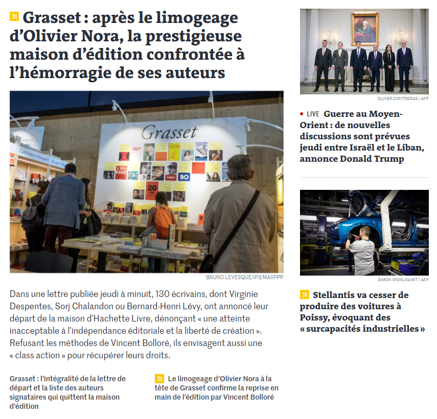PaulSugy's tweet photo. On apprend à peu près en même temps que la dernière usine de voitures d'Île-de-France va cesser ses activités, entraînant la disparition d'un millier d'emplois industriels d'ici 2030 ; et le licenciement sauvage d'un éditeur en vue qui déclenche une petite tempête dans un verre d'eau germanopratin (mais l'intéressé déborde sous les propositions et les auteurs qui le suivent le font de leur plein gré). 

Il n'est pas inintéressant de regarder l'attention médiatique accordée respectivement à chacun de ces deux événements, dans des médias qui se revendiquent de gauche. Ici, l'ouverture du site du Monde, ce matin.

L'inquiétude de voir remise en cause une certaine hégémonie culturelle l'emporte largement sur le souci des classes populaires.