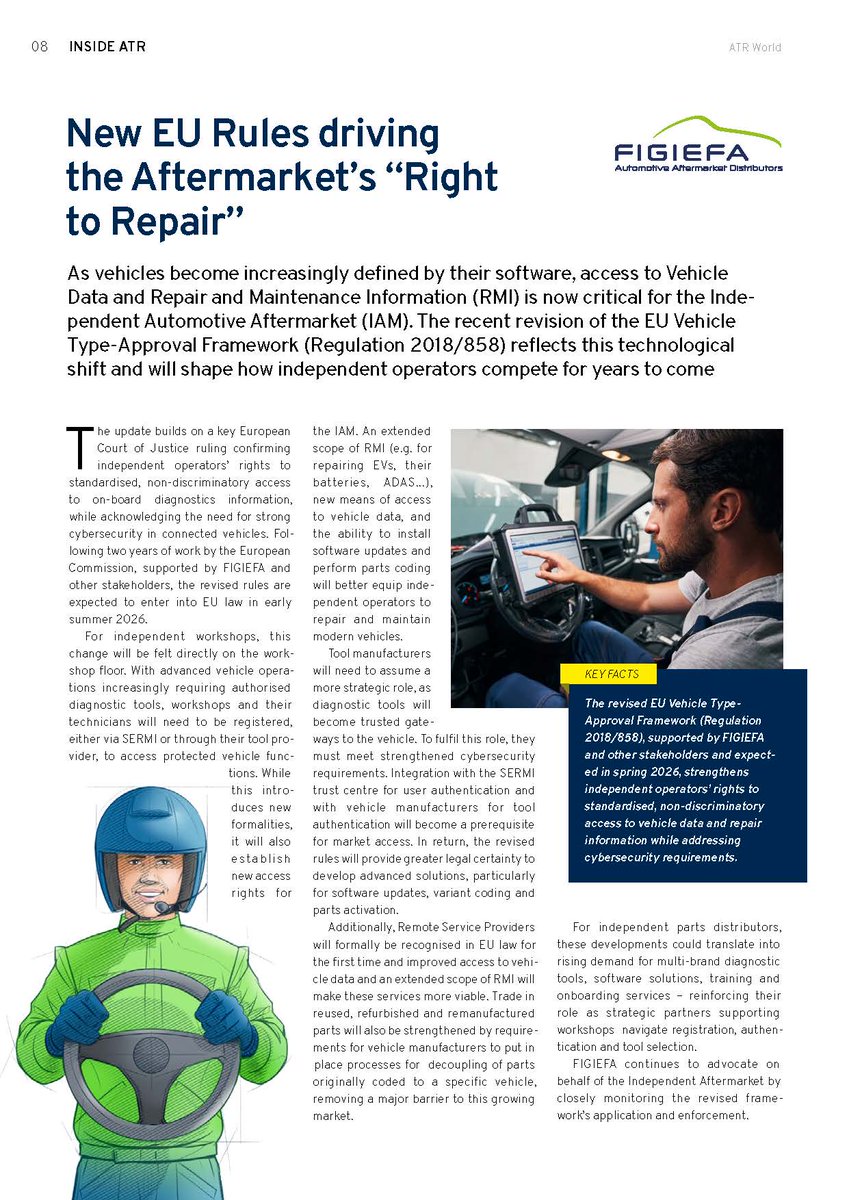 FIGIEFA's tweet image. What if access to #VehicleData, diagnostics &amp;amp; software functions became both easier and more regulated at the same time? This is precisely the direction shaped by the EU’s revised Vehicle #TypeApproval; a development in which FIGIEFA has been actively engaged! 

#RightToRepair