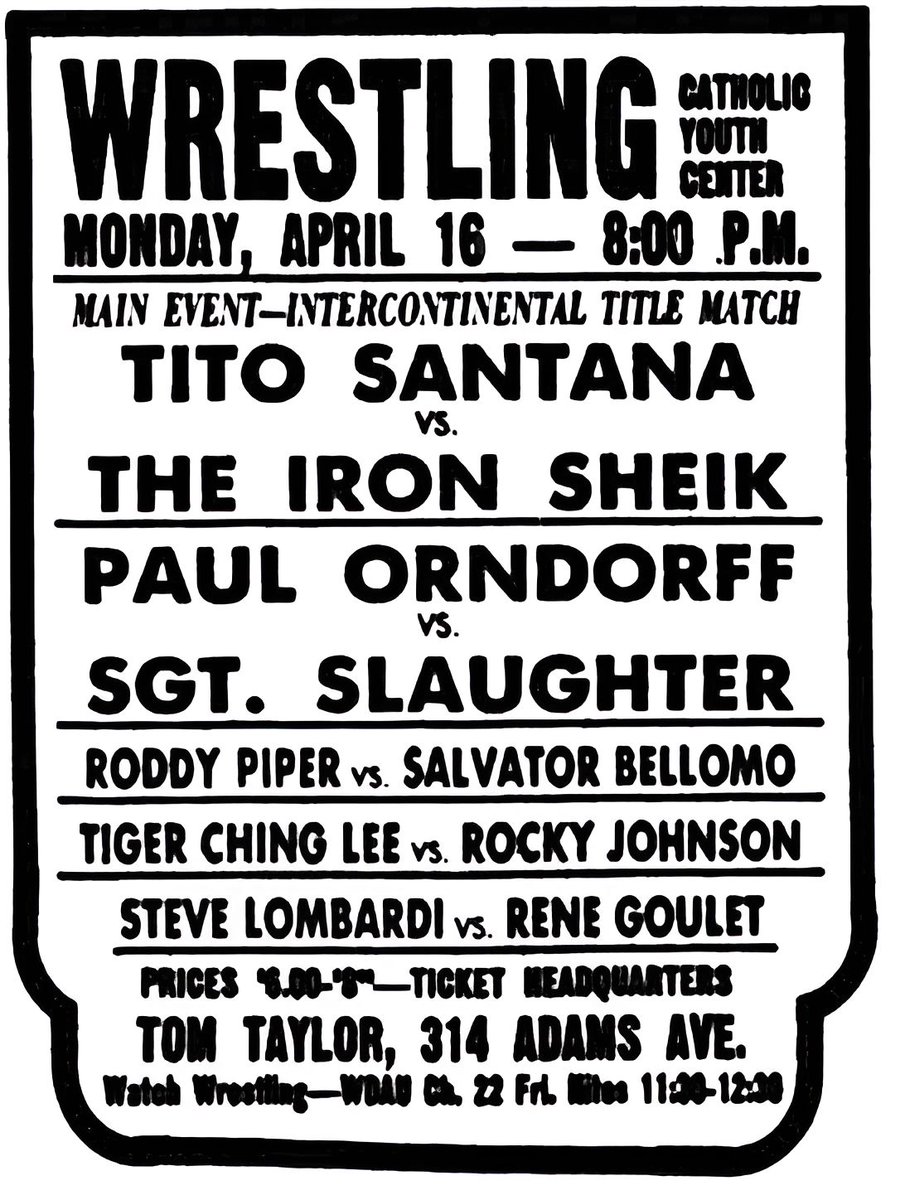 WWFWrestling1's tweet image. On this day in 1984: The WWF at the CYC, Scranton, PA. 🤼 #WWF #WWE #Wrestling #TitoSantana #IronSheik #PaulOrndorff #SgtSlaughter