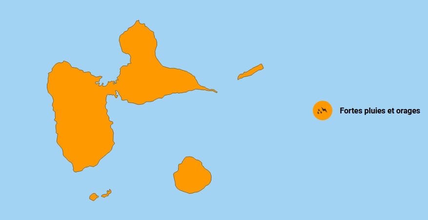 🟠 Vigilance Orange fortes pluies et orages en cours en Guadeloupe.

⛈️ Cumuls de pluies pouvant dépasser 50 mm en 1 heure, risque orageux associé.

⚠️  Prudence face aux possibles montées des eaux, ravines et glissements de terrain. 

📱 Soyez vigilants : meteofrance.gp/fr/vigilance/g…
