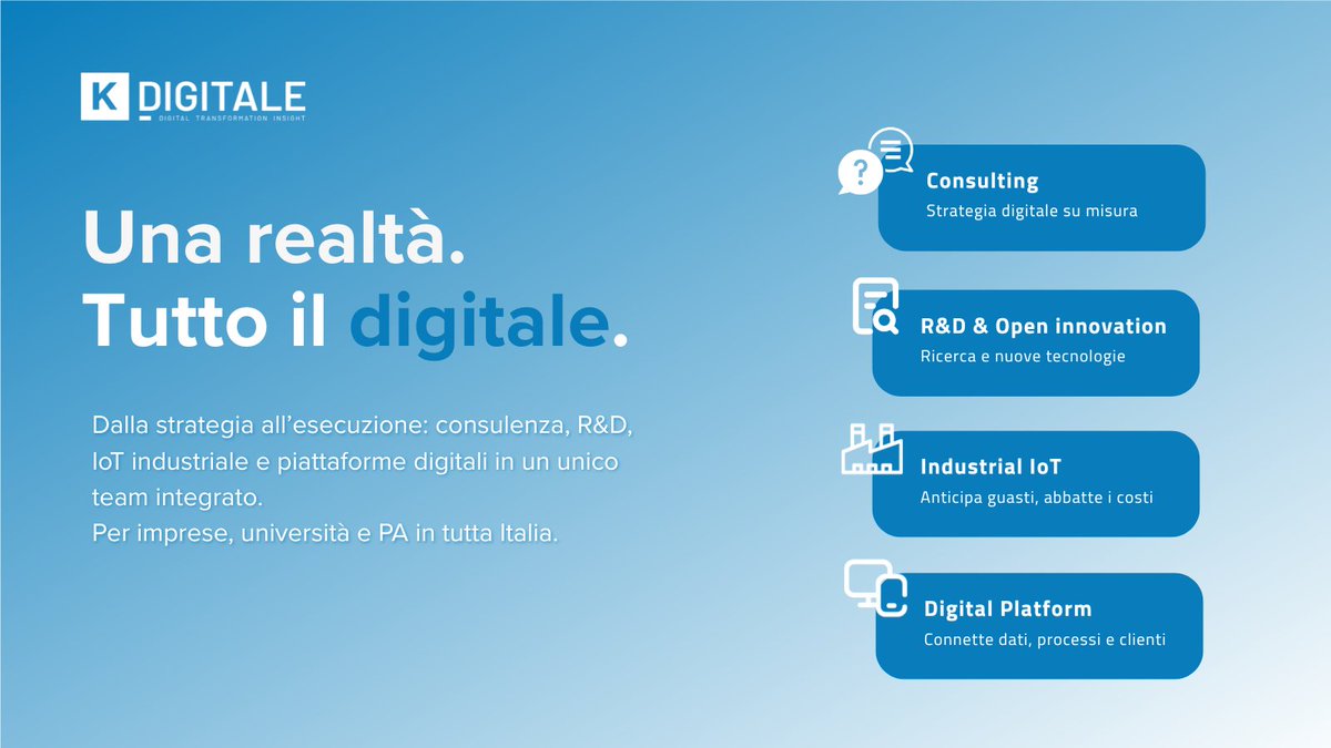 Digitale non è una parola. È un metodo. 💡
Dal 2016 lo applichiamo ogni giorno al fianco di aziende, università e pubbliche amministrazioni in tutta Italia.
Scopri di cosa parliamo: k-digitale.com/#

#innovazione #digitaletransformation #business