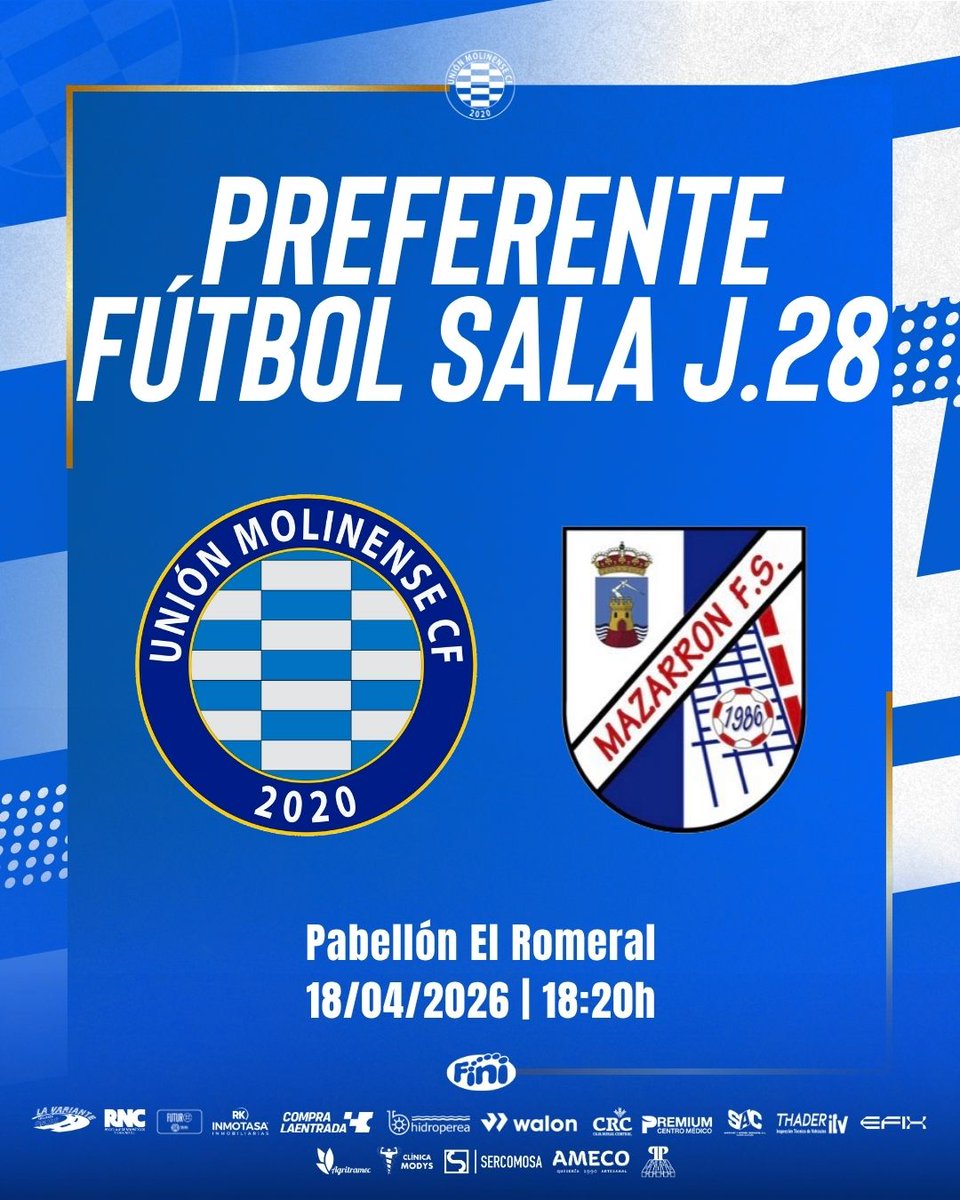 MolinenseFutsal's tweet photo. ¡NOS VEMOS EN EL ROMERAL! ⌚🔥

Este sábado tienes una cita con el fútbol sala. ¡Tu apoyo en la grada es nuestro motor! ⚡️

🏆 J.28 #PreferenteFS
⚔️ CD Mazarrón FS
🗓️ Sábado, 18 de Abril
🕕 18.20h
🏟️ Pabellón 3 El Romeral

#UniónMolinenseFutsal https://t.co/Hjk0eeFnai