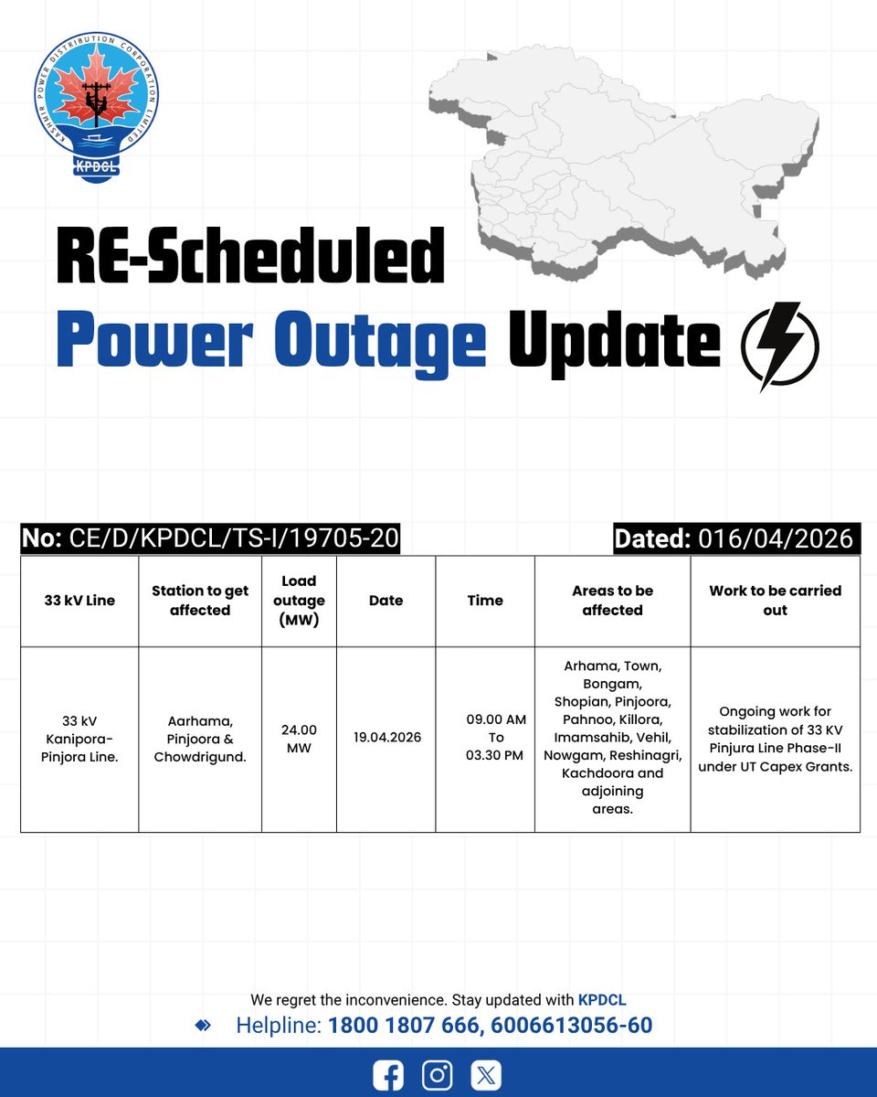 kpdcloffice's tweet image. Scheduled Power Shutdown/ Reschedule Update of 33KV Line.

Stay prepared!

We regret the inconvenience caused.

#KPDCL #SHUTDOWN

@CM_JnK @OfficeOfLGJandK @diprjk @nasirsogami @DivComKash @GreaterKashmir @RisingKashmir