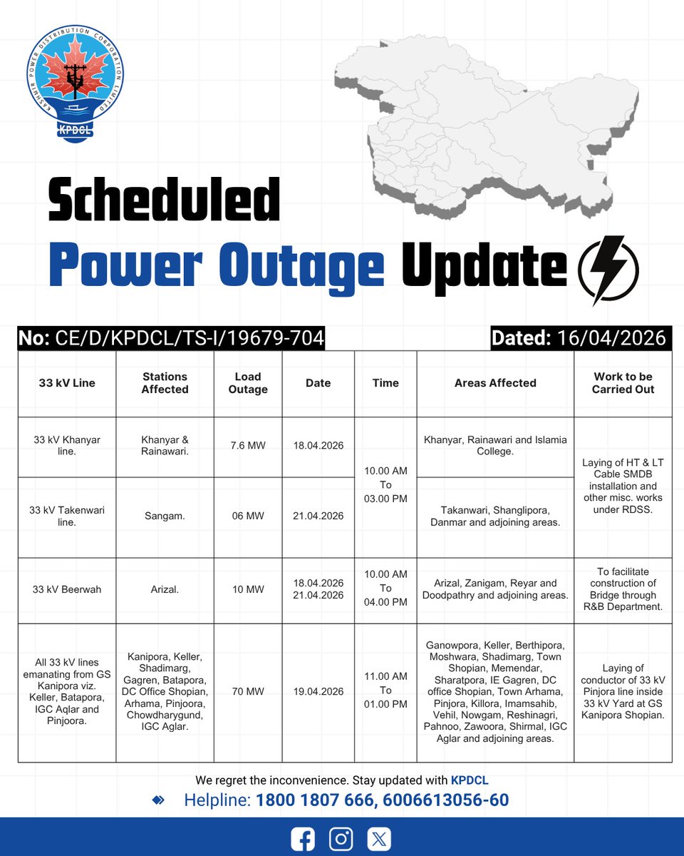 kpdcloffice's tweet image. Scheduled Power Shutdown/ Reschedule Update of 33KV Line.

Stay prepared!

We regret the inconvenience caused.

#KPDCL #SHUTDOWN

@CM_JnK @OfficeOfLGJandK @diprjk @nasirsogami @DivComKash @GreaterKashmir @RisingKashmir