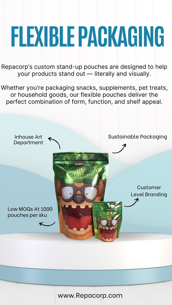 RepacorpI's tweet photo. Make your products pop with Repacorp’s custom stand-up pouches! Eye-catching designs, sustainable options, and low minimums help your snacks, supplements, pet treats, and household goods stand out on the shelf.
#FlexiblePackaging #Repacorp https://t.co/F5go6HQ7uN