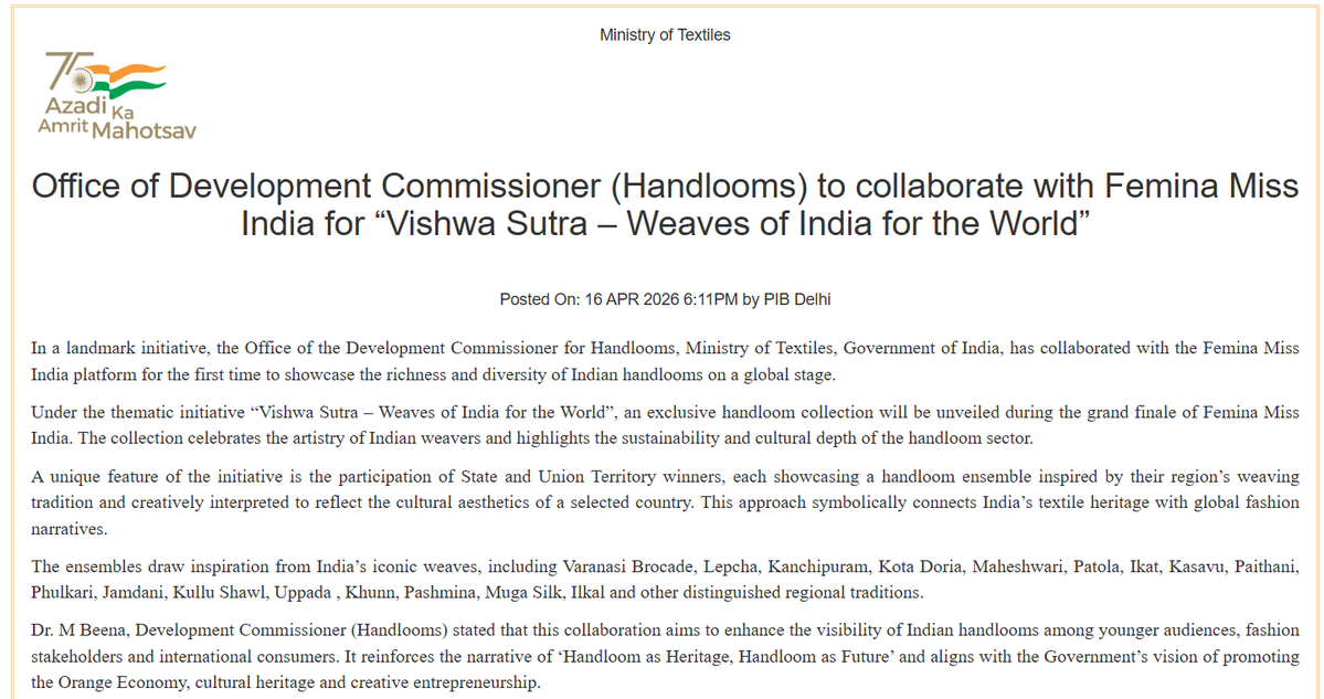 Office of Development Commissioner (Handlooms) to collaborate with Femina Miss India for “Vishwa Sutra – Weaves of India for the World” 
Read more: pib.gov.in/PressReleasePa… 
<a href="/girirajsinghbjp/">Giriraj Singh</a> <a href="/TexMinIndia/">Ministry of Textiles</a> <a href="/dchandlooms01/">DC(Handlooms)</a> <a href="/PIB_India/">PIB India</a>