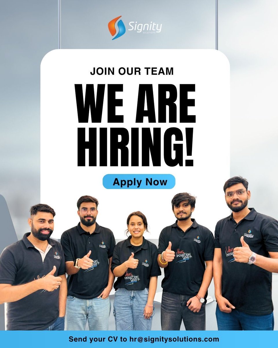 signity's tweet image. We’re growing our team and looking for experienced professionals to join us:
• Tech Lead (8+ years)
• Digital Marketing Manager (13+ years)
• Project Coordinator (4–6 years)

Send your CV to
hr@signitysolutions.com | amrita.mangotra@signitysolutions.com

#hiringpost #joinnow