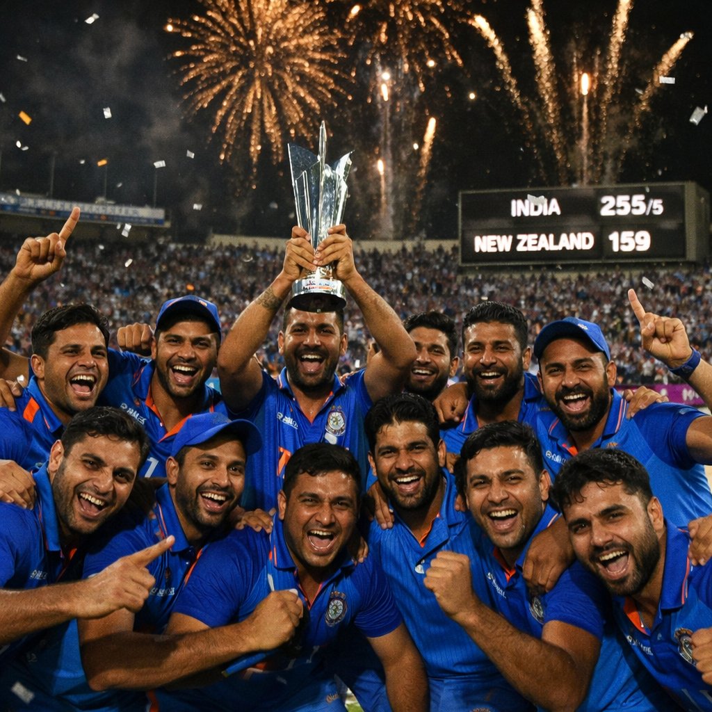 MelindaM84251's tweet image. 🏆 India are the 2026 T20 World Cup champions! 🇮🇳

Final: India 255/5 (20) beat New Zealand 159 (19) by 96 runs. Key: Samson 89, Kishan/Sharma fifties, Bumrah 4/15 (POTM). Highest WC final total! #T20WorldCup #INDvNZ