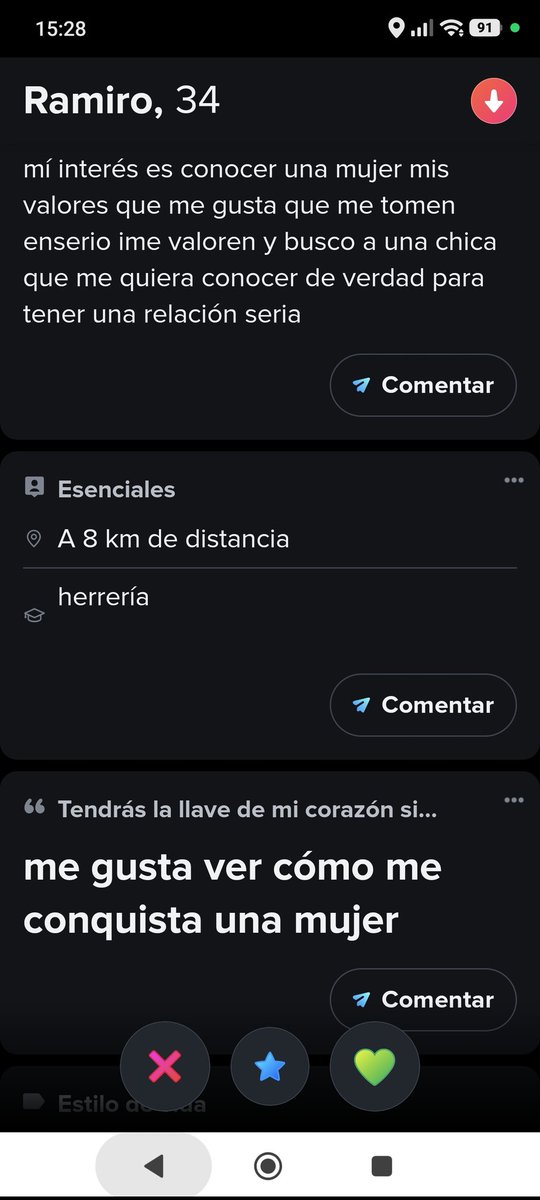 Me hizo acordar a esta captura que saque cuando usaba tinder 🙏🏻 salvando las diferencias, por que querria matchear con un mamerto que solo exige y no te dice UN dato sobre el mas alla de 'quiero estar con una mina'!!!! Ramiro por que querria conquistarte NO TE CONOZCO