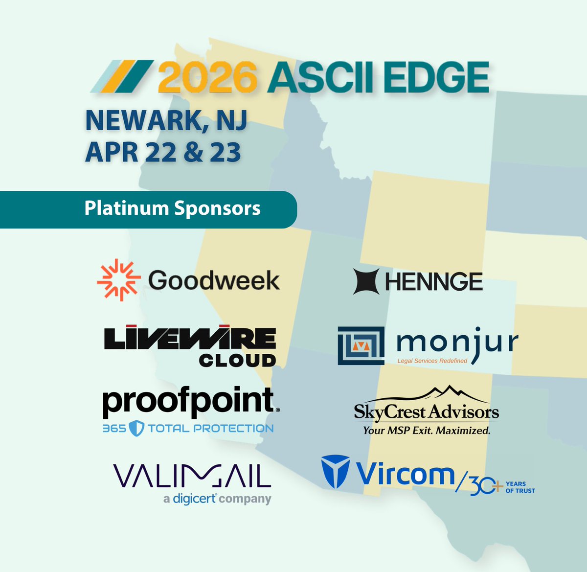 asciigroup's tweet image. Thrilled to announce our Platinum Sponsors for #ASCIIEdge #Newark on April 22 &amp;amp; 23:

Goodweek, @hennge_pr, @CloudLivewire, @monjur_CaaS, @proofpoint, SkyCrest Advisors, @Valimail, @Vircom_Inc 

See you in Newark! events.ascii.com

#MSPCommunity