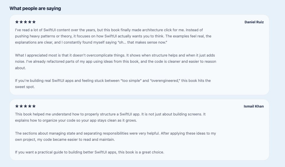 azamsharp's tweet photo. Received number of great reviews for my "SwiftUI Architecture book". Always feels good to know that my hard work has helped developers.
Thank you so much!
https://t.co/kA000X5O66
#iosdev #swifui https://t.co/QMMFmRBVY6