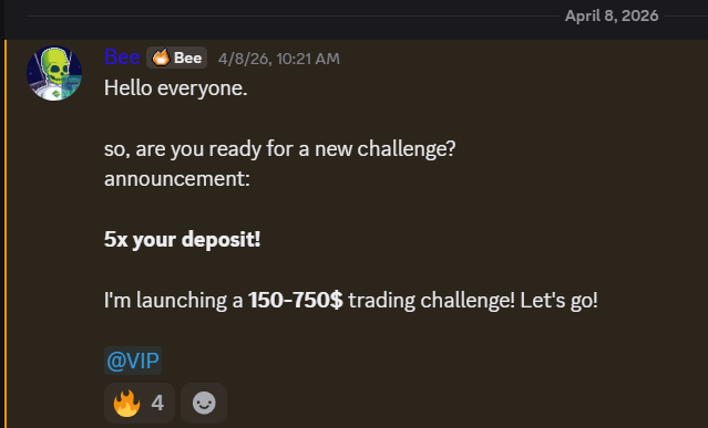 Bee_TradeClub's tweet photo. Last week (April 8th) we also had some great news (introduction) – we launched a new challenge!

5x your deposit

As of today, our deposits have already reached $300
2x your deposit – done!

Let's move on! https://t.co/O1jtehOYOb