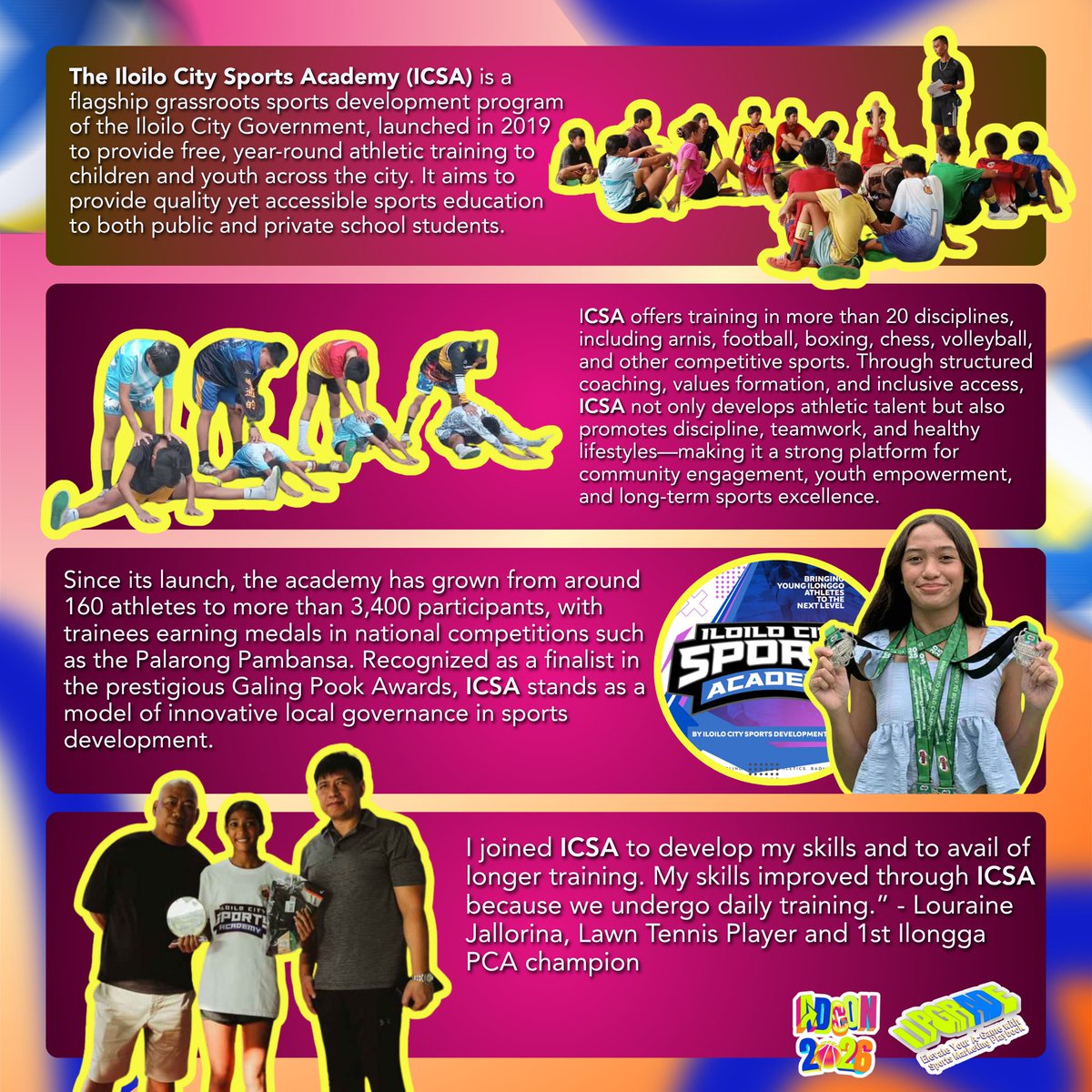 ADCON2026's tweet image. Meet our second beneficiary: the 𝐈𝐥𝐨𝐢𝐥𝐨 𝐂𝐢𝐭𝐲 𝐒𝐩𝐨𝐫𝐭𝐬 𝐀𝐜𝐚𝐝𝐞𝐦𝐲, the premier engine for athletic training and development in our city. 

𝐑𝐞𝐠𝐢𝐬𝐭𝐞𝐫 𝐧𝐨𝐰::
🔗: bit.ly/ADCON2026Regis…

#UPVADCON2026
#upgrADe