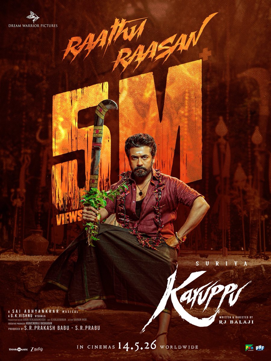 PuretruefactsB's tweet image. Firing FIVE MILLION 🔥

#RaathuRaasan from #Karuppu brings home the massive celebration!

▶️ youtu.be/5PASPLld0u8

A @SaiAbhyankkar Musical 🎶 

Lyrics : @Lyricist_Vivek 
Singer : #VMMahalingam, @SaiAbhyankkar &amp;amp; #PaalDabba 

Worldwide in theatres, on May 14th 2026!