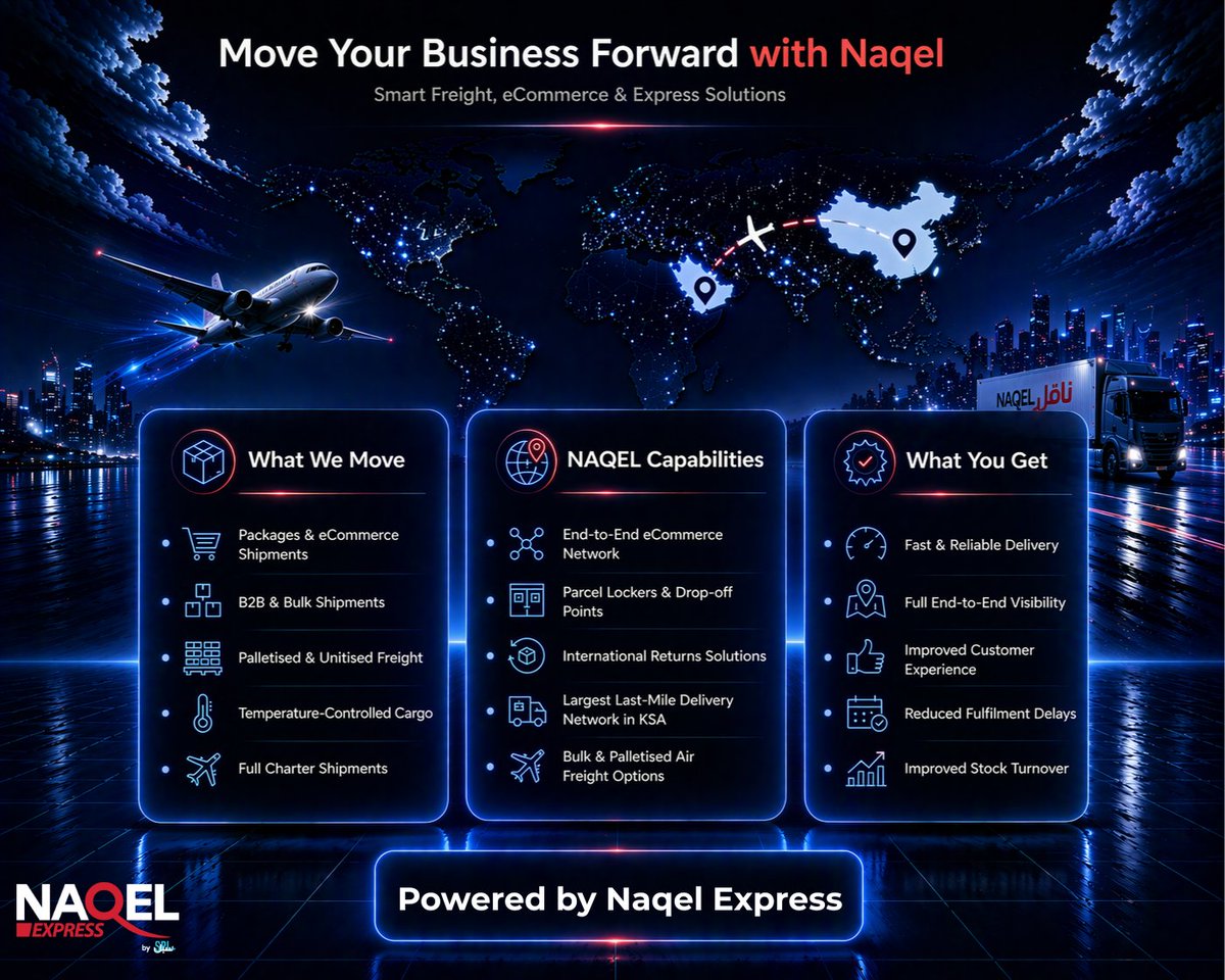 NaqelExpr's tweet image. Naqel connects parcels to full logistics solutions in one powerful network.

Delivering speed, visibility, and reliability every step of the way.

✔️ End-to-end solutions
✔️ Largest last-mile network in KSA
✔️ Flexible delivery options

#NAQEL #NaqelExpress #logistics