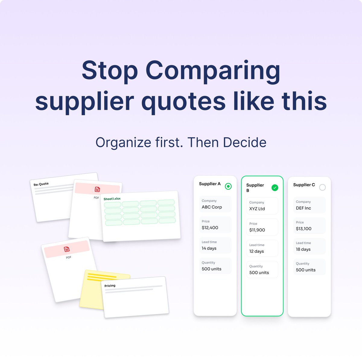 pcurohq's tweet photo. Too many quotes
No structure

Pcuro puts everything in one place 
→ Compare faster 
→ Decide better

#b2b #procurement #sourcing #supplychain #saas #efficiency #workflow #operations https://t.co/ow0ytT53z9